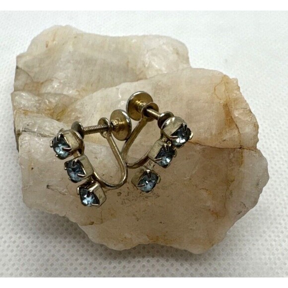 Vintage Rhinestone Light Blue Silver Tone Screw Back Earrings 1960s Retro - Picture 3 of 8